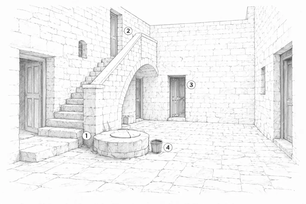 Schema einer traditionellen maltesischen bitħa (Innenhof):
1 – Brunnen / Zisterne – zentrales Element zur Sammlung und Nutzung von Regenwasser, entscheidend für den täglichen Betrieb des Haushalts.
2 – Treppe und Zugang zum Obergeschoss – Verbindung zwischen Innenhof und den Wohnräumen im oberen Teil des Hauses.
3 – Zugänge zu Wohn- und Arbeitsräumen – Räume für Kochen, Lagerung und den täglichen Alltag.
4 – Gefäße und Arbeitszone – Bereich für Waschen, Wasserhandling und Hausarbeit.