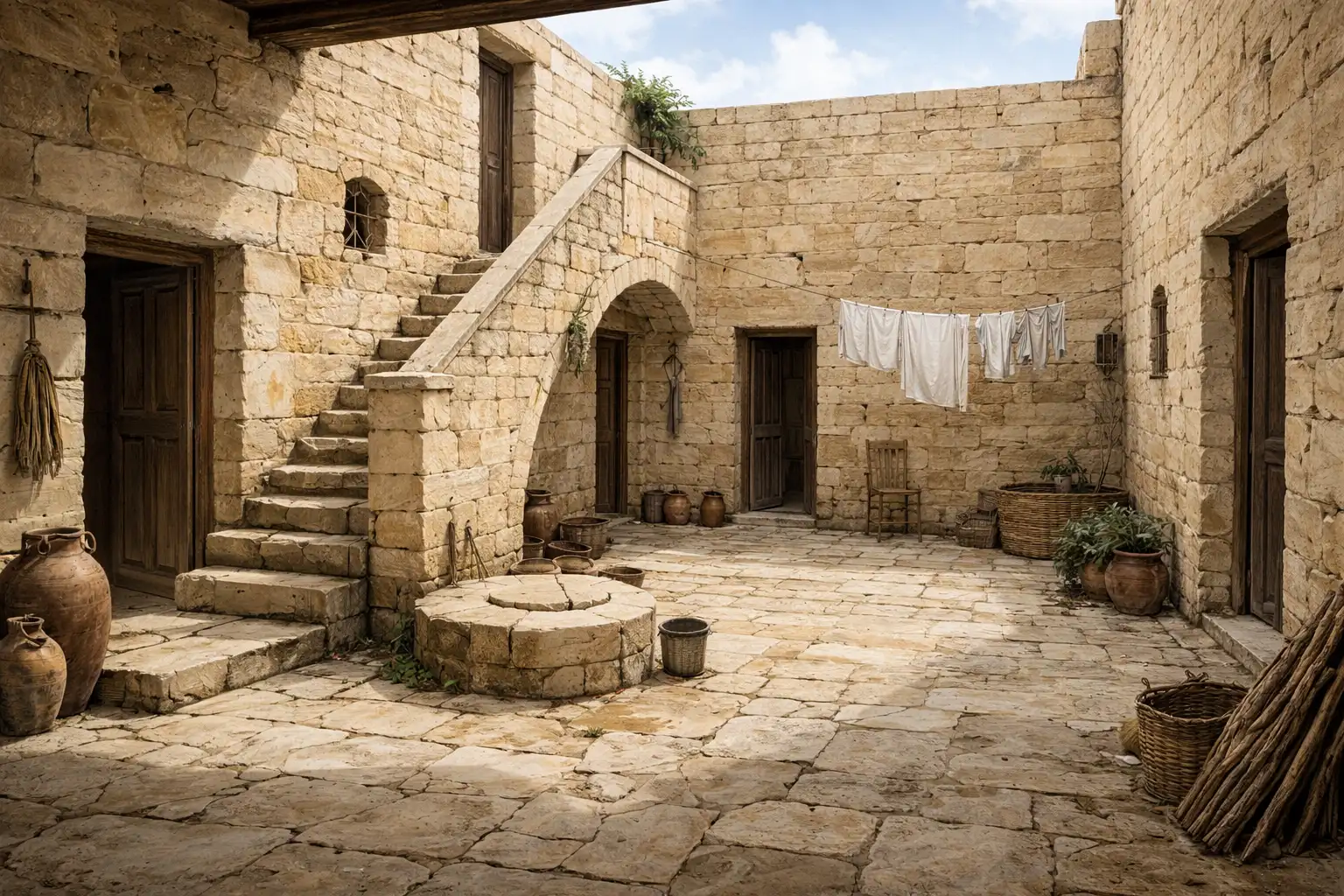 Traditionelle maltesische Bitħa – ein Innenhof eines Familienhauses mit Steinmauern, Außentreppe, Zugängen zu den Wohnräumen und einer unauffälligen Regenwasserzisterne; eine typische Darstellung des Alltagslebens auf Malta im 18. und 19. Jahrhundert.