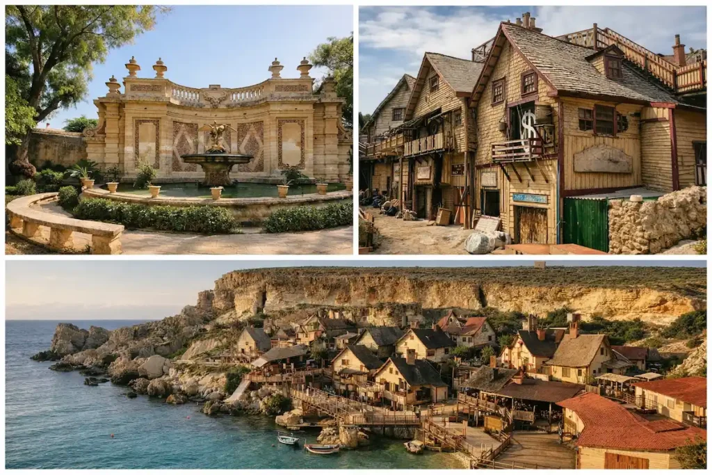 Popeye Village auf Malta und die San-Anton-Gärten – beliebte Orte für Familienausflüge mit Kindern abseits der Strände.