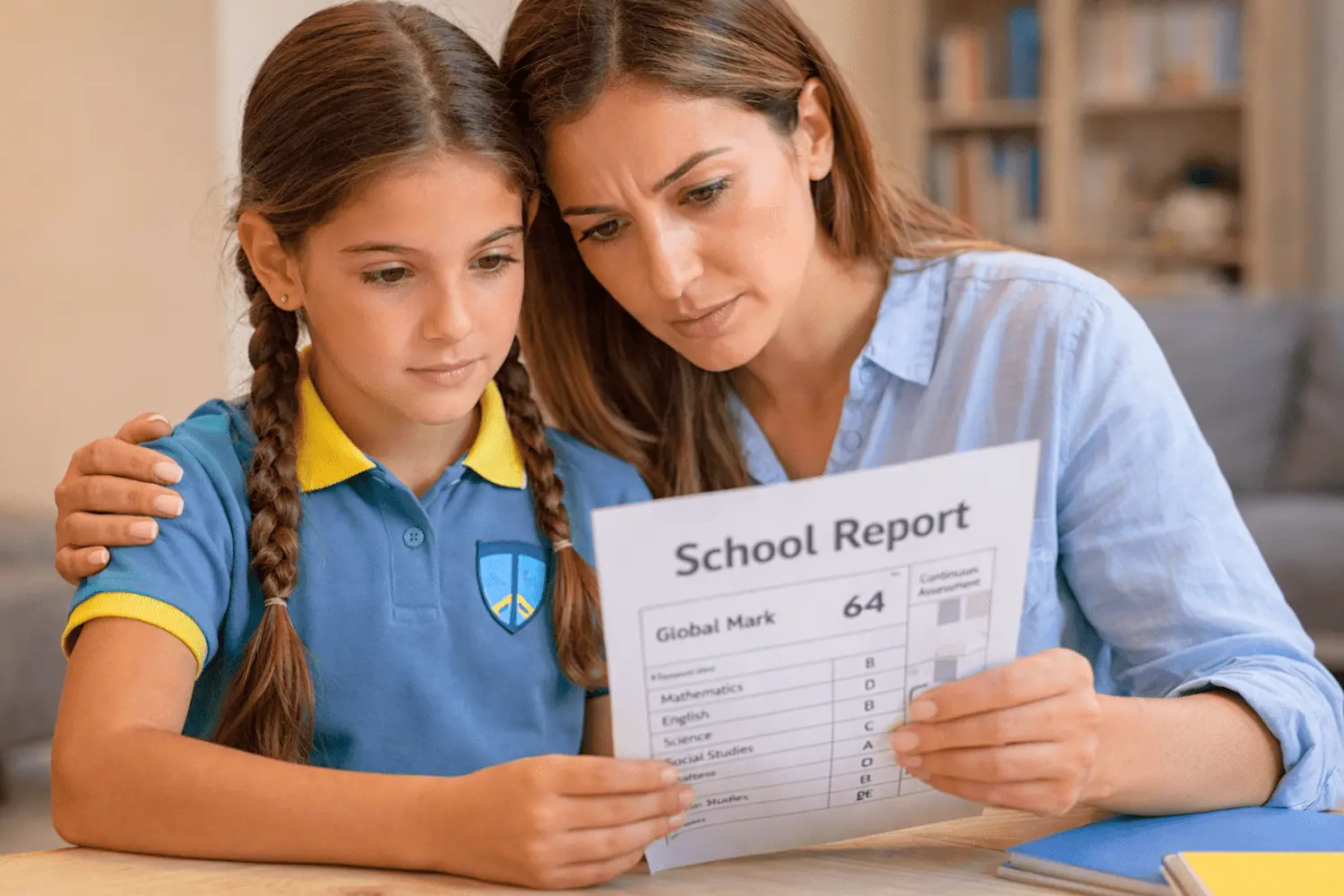 Mutter und Schülerin lesen einen maltesischen Schulbericht mit Global Mark, Continuous Assessment und Prüfungsergebnissen.