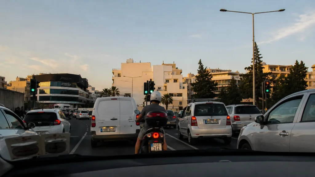 Verkehr auf Malta während der Hauptverkehrszeit an einer Kreuzung bei St Julian’s und Pembroke