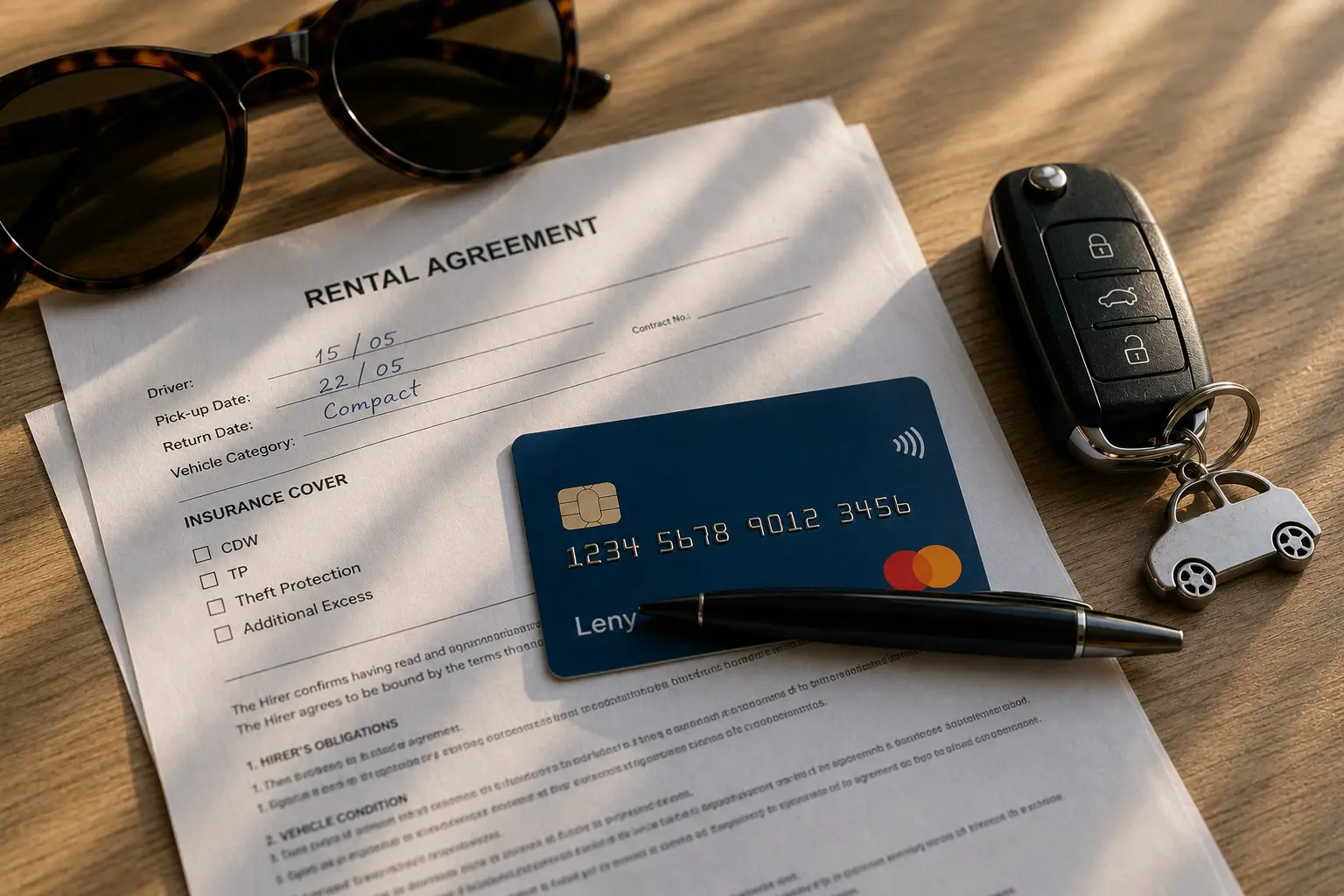 Mietwagenvertrag mit Kreditkarte, Autoschlüssel und Versicherungsoptionen für Kaution und Selbstbeteiligung