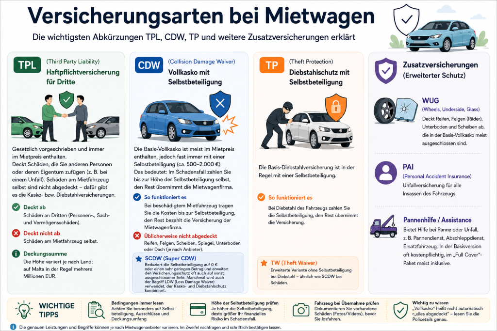 Infografik zu Mietwagenversicherungen auf Malta: TPL, CDW, TP, Selbstbeteiligung und Vollschutz erklärt