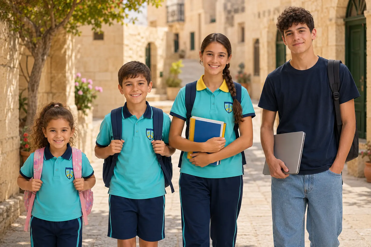 Kinder und Jugendliche in Schuluniformen in einer traditionellen maltesischen Straße.