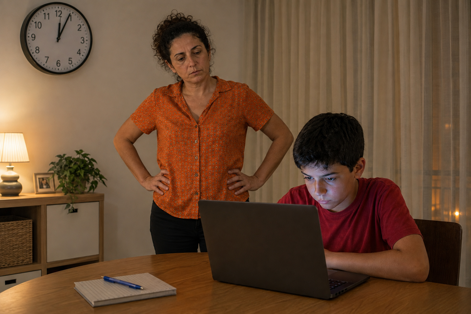 Besorgte Mutter steht hinter ihrem Sohn, der spät abends am Schullaptop sitzt – Streit um Bildschirmzeit auf Malta.